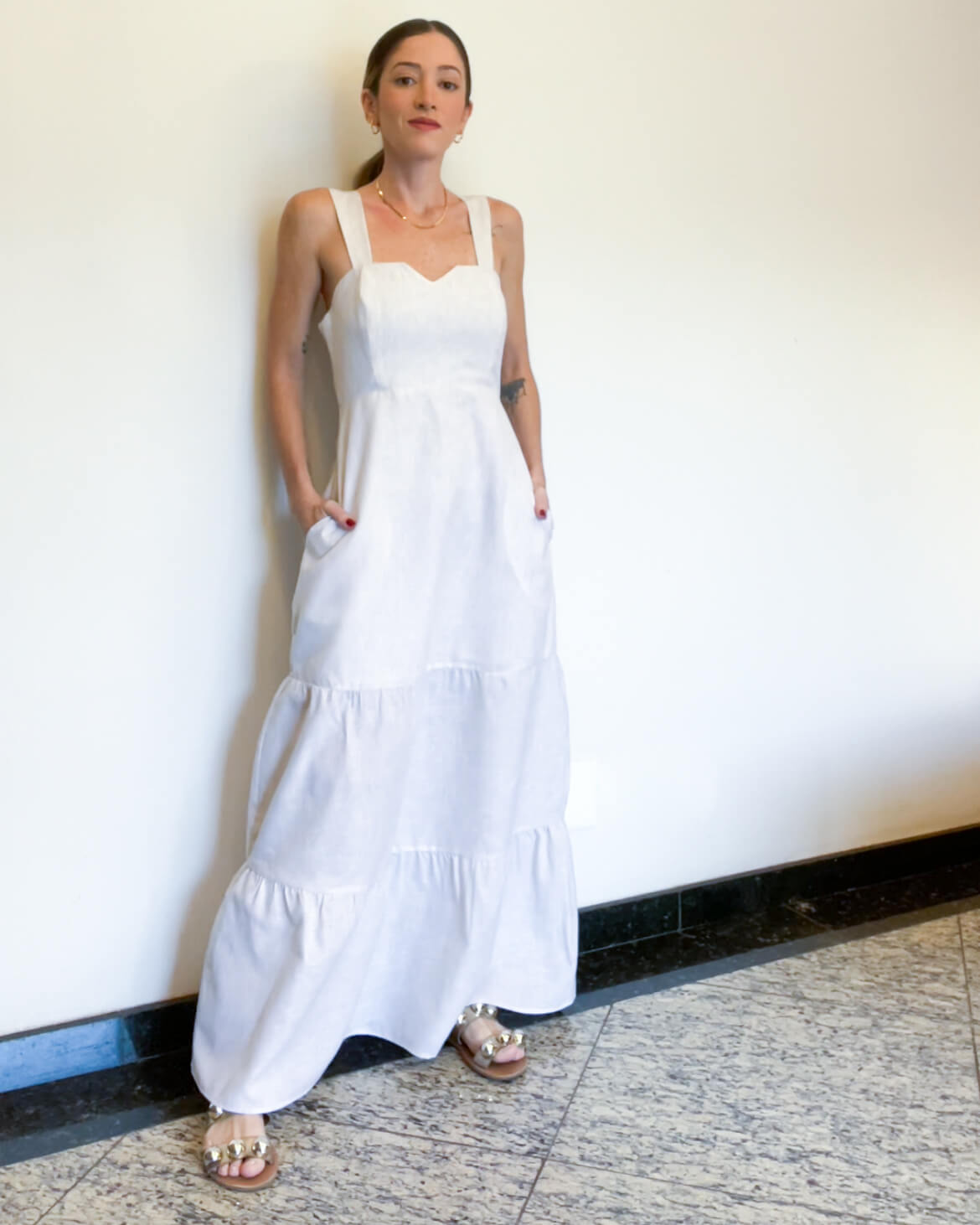 Vestido Longo Alças Listras Santorini Natural